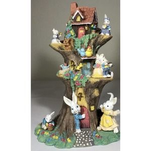Easter Bunny Rabbit Family Treehouse Sculpture 12" Tall Read Description